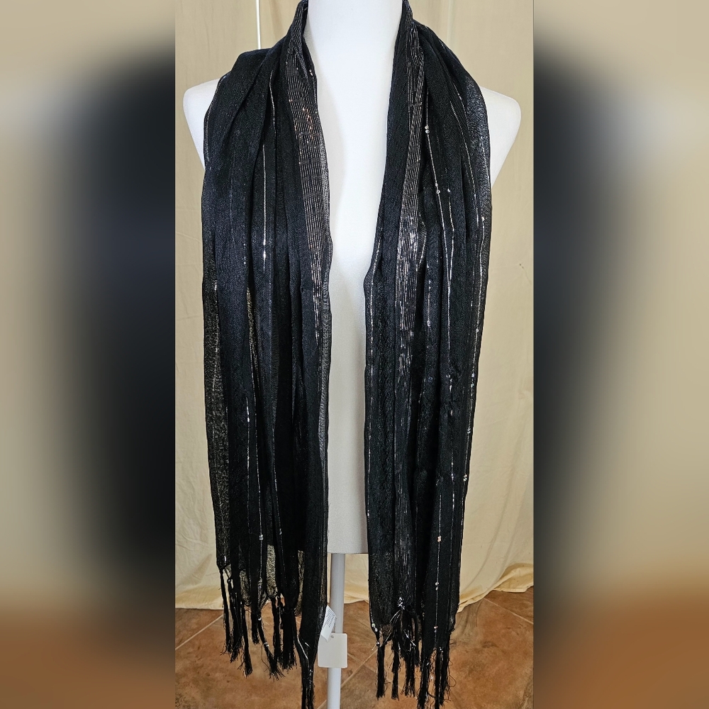 NWT Shimmery Elegant Blk & Silver Rayon Striped Sheer Scarf With Sequins & Fring - Picture 5 of 7